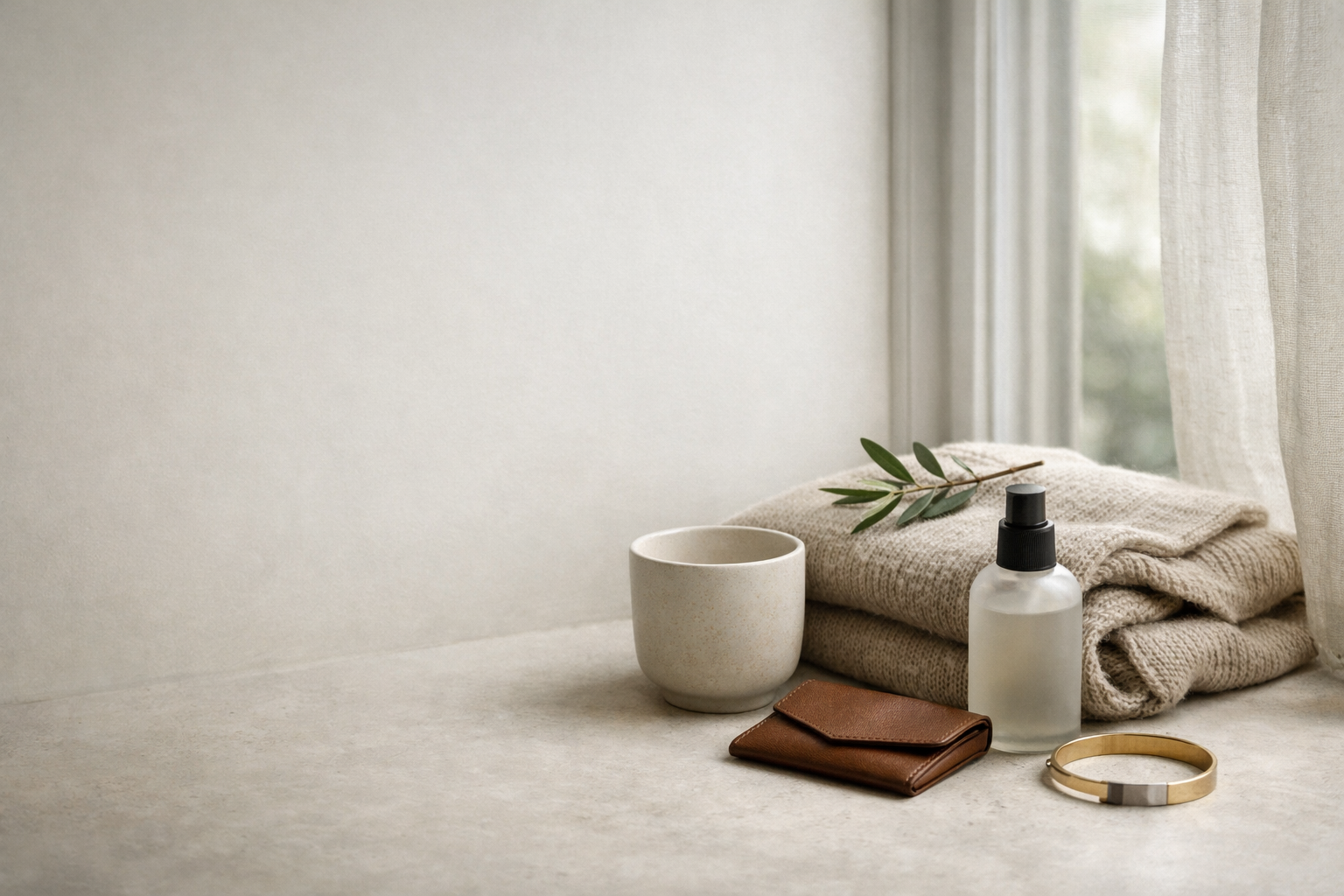 A serene windowsill still life with a ceramic cup, folded knit, skincare bottle, leather wallet, and olive branch in soft morning light.