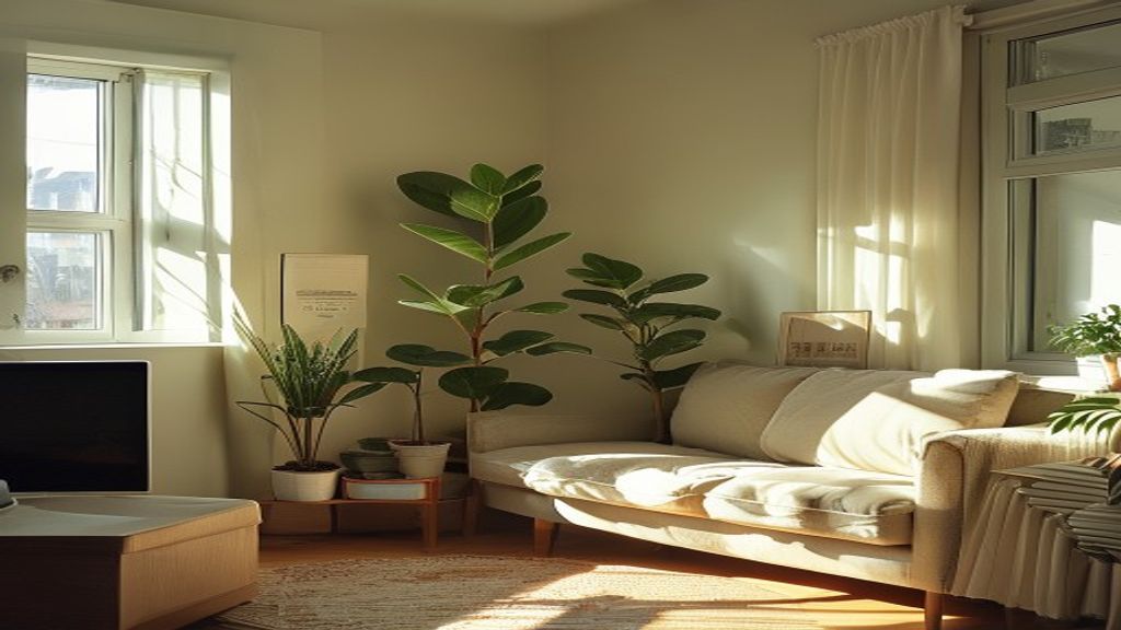 Compact living room with a narrow plant stand creating one tidy plant zone
